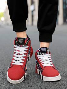 Men's Geometric Pattern Random Graffiti Print High-Top Lace-Up Red Stylish Sneakers, Versatile Rubber Anti-Slip Durable Sole, Suitable For Outdoor Sports For Teenagers - Black and Red - View 10