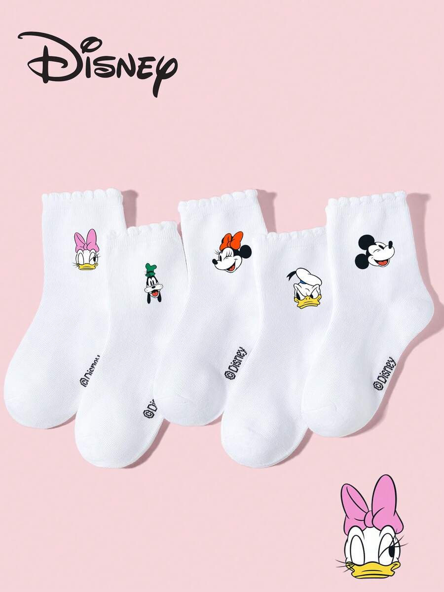 Disney 1/5双迪士尼袜子,春夏校园风蕾丝袜,可爱卡通米奇/鸭子/小狗图案,休闲百搭柔软中筒袜,简约时尚透气吸湿运动袜,适合休闲活动、假期、旅行、日常生活、返校季穿着 - 彩色 - 查看 1