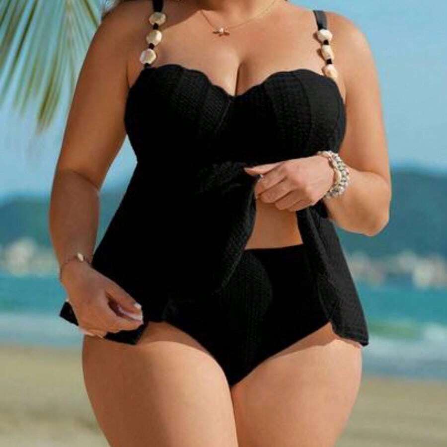 Swim Lushoire Plus Size Printed Seashell & Stone Decor Tankini Swimsuit - Negro - Ver 1