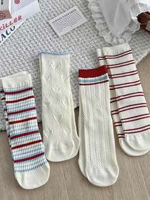 4 Pairs Retro Blue & Red Striped Korean Style Sweet Heart Lace Trim Mid-Calf Socks - Multicolor - View 5