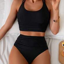 Swim Basics Popular Ruched Cropped Top And Ruched Bottoms Slimming Tankini Swimsuit - Negro - Ver 6