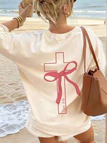 Women's Summer Short-Sleeved T-Shirt, Casual Style With A Round Neck, Crossover Tie Print, Loose Fit, And Vacation Style, In Dark Gray. Fashionable Casual T-Shirt Suitable For Everyday Wear And Vacations. Round Neck, 100% Cotton, Soft Fabric, Short Sleeve - 杏子 2 - 查看 6
