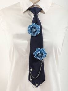 1pc Women's Denim Flower Chain Detachable Tie, Collegiate Style Shirt Accessory - Navy Blue - View 1