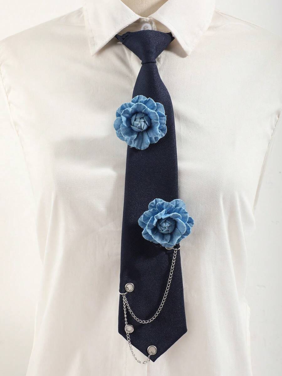 1pc Women's Denim Flower Chain Detachable Tie, Collegiate Style Shirt Accessory - Navy Blue - View 1