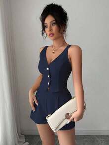 de 2 piezas de top con botones delanteros y dobladillo con abertura + shorts de unicolor casual y de uso diario para mujer - Azul marino - Ver 3