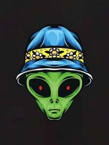 Men's T-Shirt With Alien Print - Black - View 7