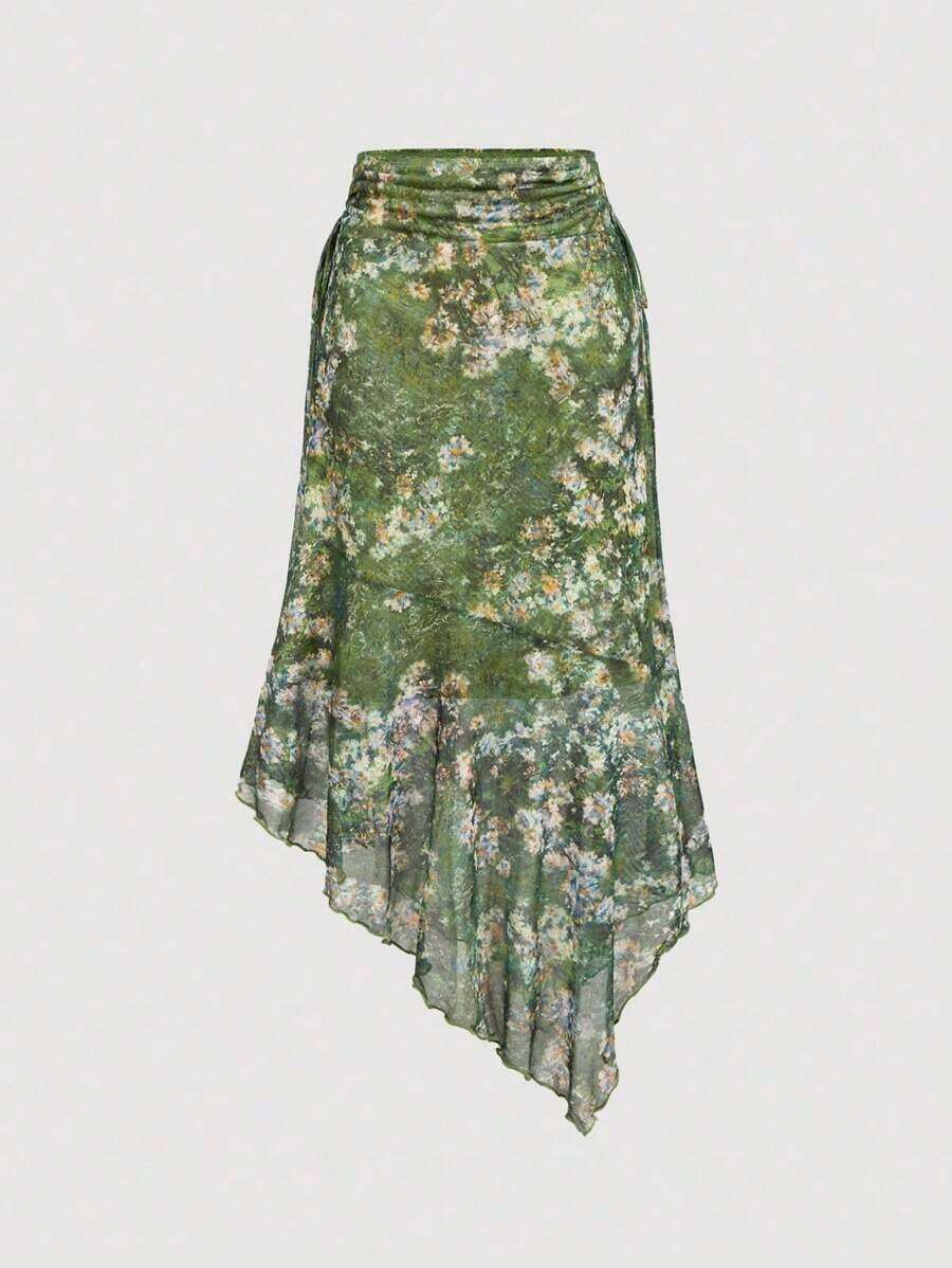 Women's Blue & White Print Ruched Waist Side Tie Asymmetrical Hem A-Line Skirt,Cruise,Hawaii,Blue And White Floral Skirt, Tea Party,Summer - Verde - Ver 1