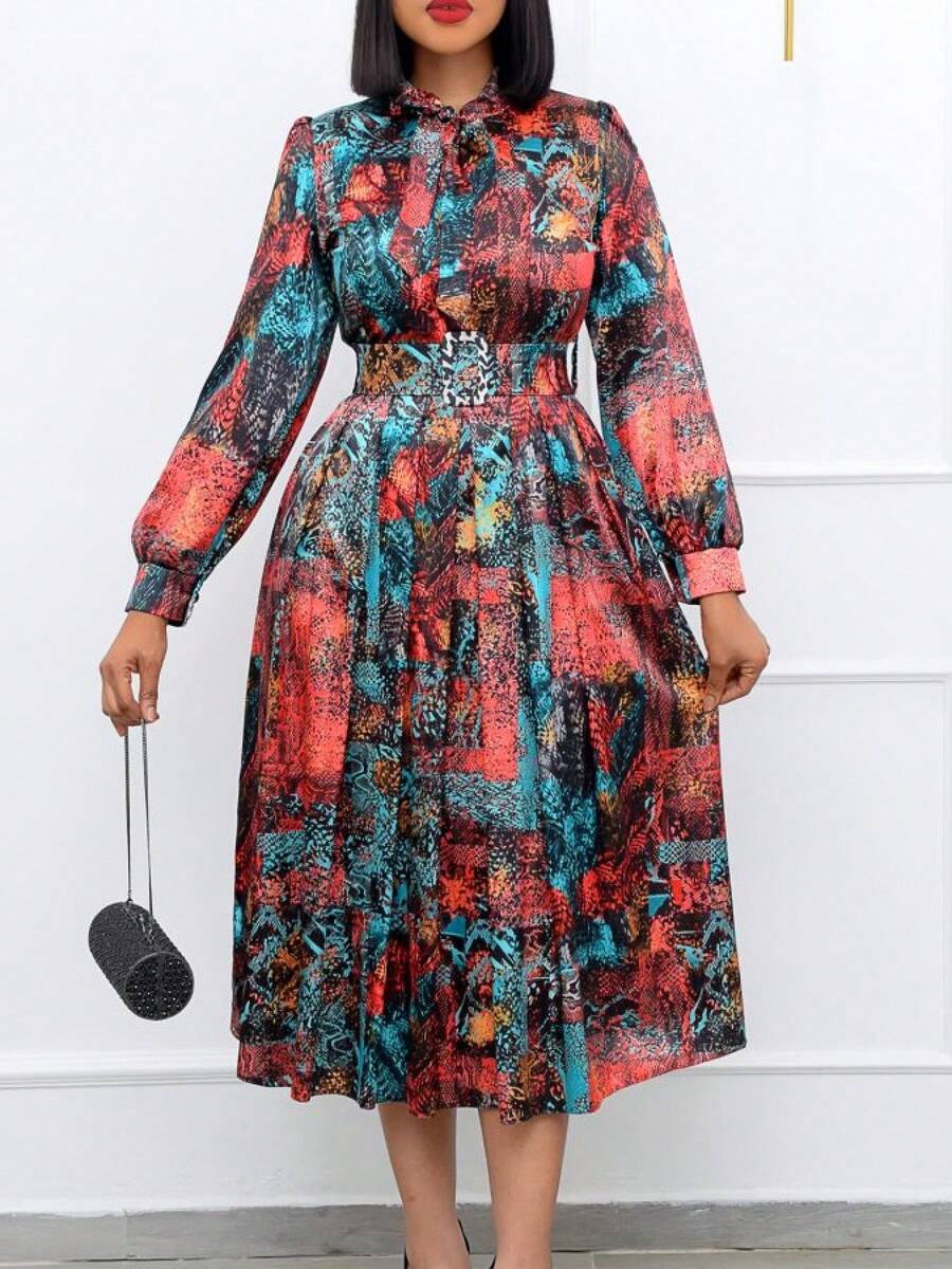 New 2026 Plus Size Spring Banquet Dress Long Sleeve Printed High Waist With Belt Included - Red - View 1