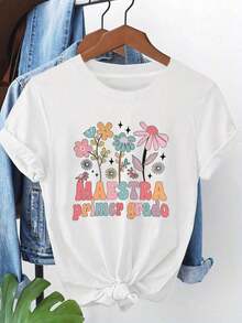 Camisetas de Verano para Mujer, Estampado Floral Gráfico, Estilo Casual, para Maestra de Español, Talla R |     Primavera-Verano, Manga Corta, Cuello Redondo, Estilo Diario, Uso Diario, Regalo de Vacaciones Y2Y-Atuendos de Primavera para Camisas de Mujer, Verano |   Diseño exquisito |   Suelto y cómodo |   Fácil de combinar | - Blanco - Ver 1