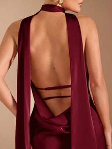 Vestido de punto de tirantas con escote profundo, espalda con lazo y cola de pez, color rojo sólido, sexy y elegante, adecuado para cócteles, citas románticas, capas en otoño/invierno, fiestas, bodas de damas de honor, salidas nocturnas, Halloween y Navidad - Burdeos - Ver 2