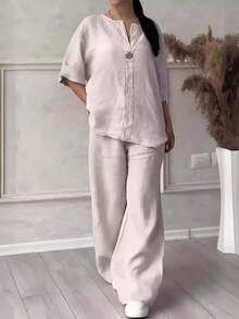 Casual Linen Co-Ord Set Ladies With Single Button Detail And Elastic Waist Trousers - Apricot - View 12
