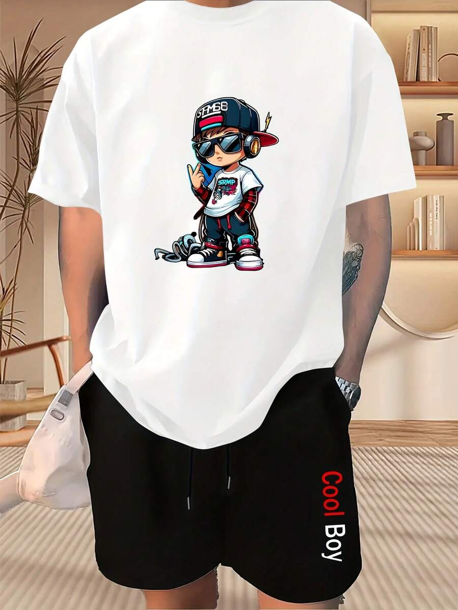 Set: T-Shirt With Rapper Print And Shorts With 'Cool ' Embroidery, Casual Set With Graphic Design Of A With Cap And Headphones, Summer Outfit With Urban And Fun Style - 白色 - 查看 1