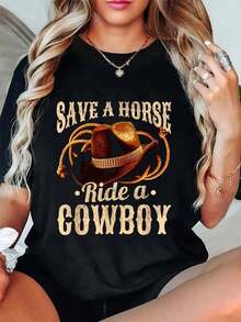 100% Cotton, Save A Horse Ride A Cowboy, Funny Cowboy And Cowgirl T-Shirt - Vintage Urban Style, Unisex, Loose Fit, Cotton, Short Sleeve, Crew Neck, 100% Pure Cotton - 黑色 - 查看 1