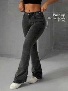 Women's Casual Pocketed Mid-Waist Skinny Flare Jeans - Gris - Ver 6