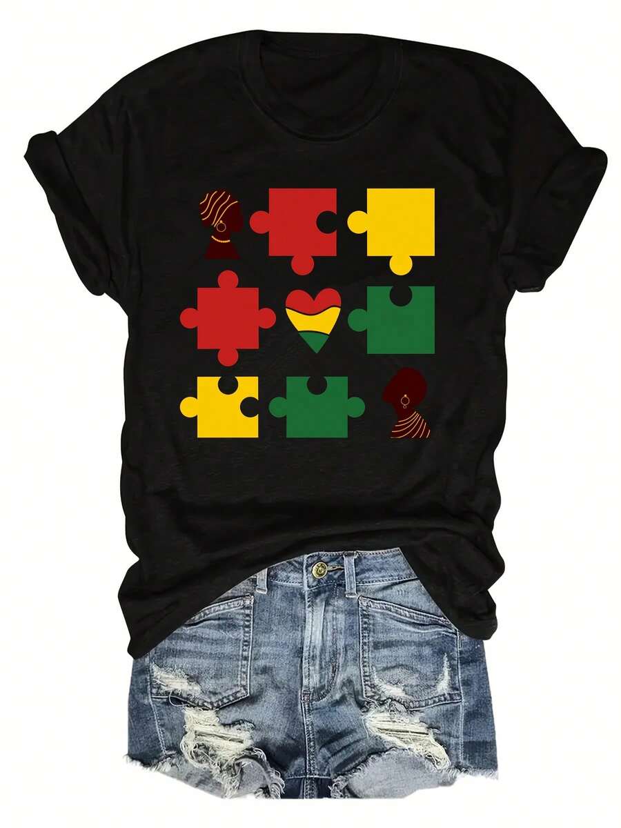 Camiseta de manga corta con cuello redondo estampada con el símbolo de la cultura negra 923