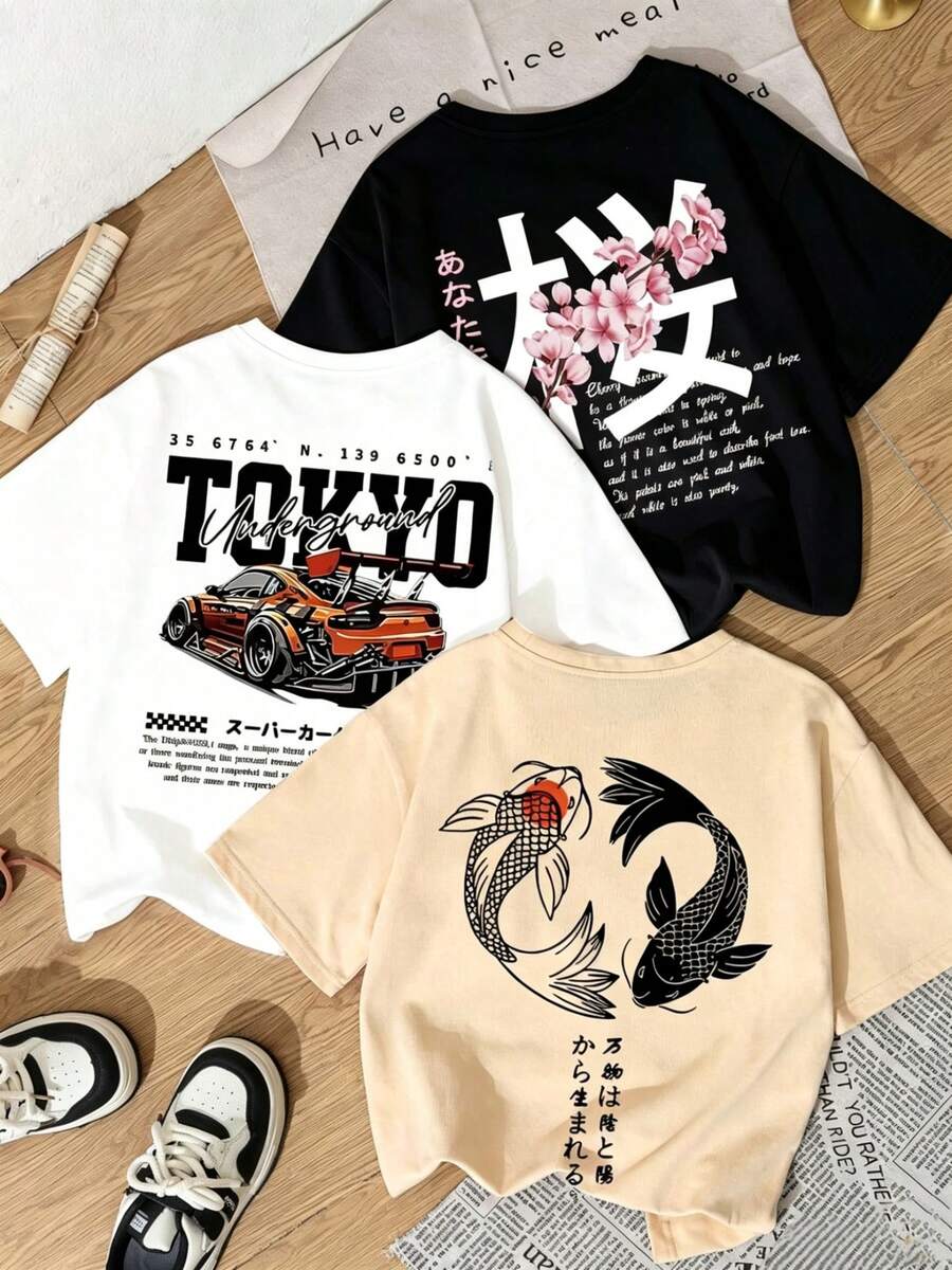 Set camisetas Prenda individual, no un conjunto de 3 piezas, 1 piezas/set de camisetas de manga suitable for streetwear, Top oversized cuello redondo daily outings, camping, concerts, hip-hop, rock, and rap events manga corta con cuello redondo, de estilo casual y divertido con estampados de coche, carpa y flores de sakura japonesas, tops versátiles y de moda para mujer - Negro - Ver 1