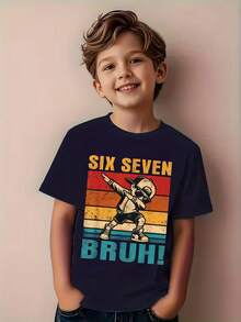 "Fun Six Seven Bruh" Internet Meme T-Shirt For Boys And Girls - Design With Number "67" And Dab Dance Pose - Casual Crew Neck, Comfortable For All Seasons,  Gift For Young People - "67" Graphic And "Bruh" Text, Spring/Summer Holiday Wear - Black - View 9