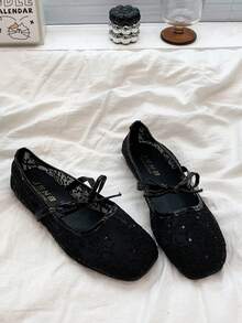 Zapatos de ballet tipo Mary Jane delicados para mujeres, nuevos zapatos de malla calada bordados con encaje para primavera/verano - Negro - Ver 3