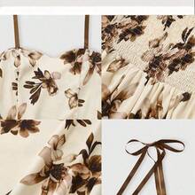 Women's Apricot Base Brown Floral Pattern Spaghetti Strap Waist A-Line Dress, Elegant And Charming For Vacation, Commute, Music Festival, Date, French Bohemian, Beach, Street, Versatile, Spring/Summer, Apricot Brown New Sleeveless Dress - Marrón - Ver 6
