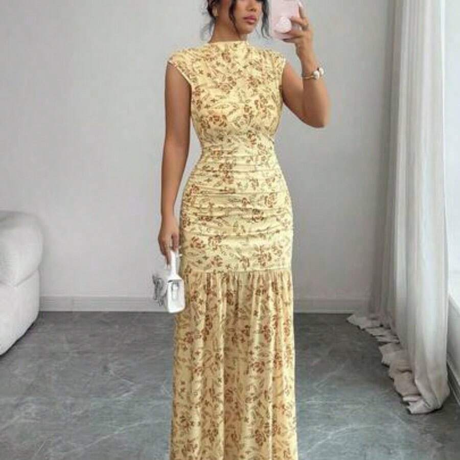 Elenzya Yellow Printed Ruched Waist Slit Elegant Dress For Women - Amarillo claro - View 1