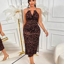 Amarilo Sexy Leopard Print Sleeveless Collared Dress With Metal Collar Ring - Fitted Women's Fashion Party, Vacation, And Everyday Dress - Negro - Ver 5