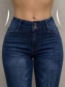 Pantalón Mezclilla Stretch Mujer Pretina Ancha Corte Campana - Azul lavado oscuro - Ver 4