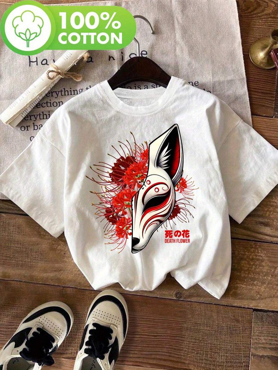 Camiseta con estampado de flor de lirio japonés estilo anime, manga corta y cuello redondo, top casual para verano y primavera, ropa de mujer
