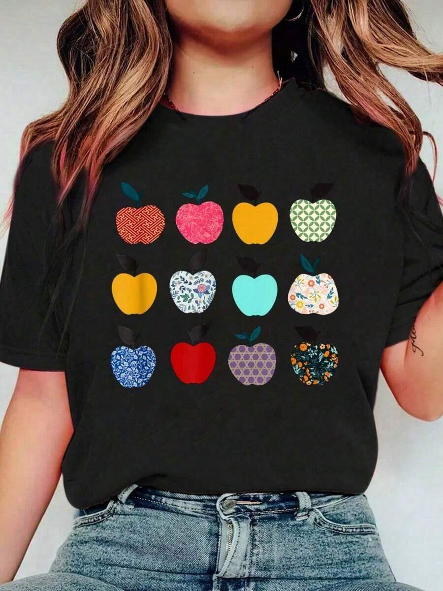 100% Cotton Retro Apple T-Shirt For Back To School, Teacher Appreciation, For Men And Women, Plus Sizes, Soft, Breathable, Women's Blouses - 黑色 - 查看 1