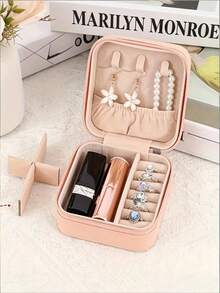 1pc Travel Jewelry Box, Mini Jewelry Storage Box, Zipper Jewelry Box, Portable Jewelry Box, Leather Jewelry Organizer Box, Cosmetic Storage Box, Travel Essential, Suitable For Storing Rings, Necklaces, Bracelets, Earrings - Multicolor - View 5