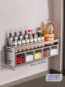 1pc Wall-Mounted Spice Rack Storage Shelf - Made Of Aluminum Magnesium Alloy, Rust-Proof, No Charging Required, Drill-Free Installation, Includes Spice Jars And Storage Containers, Suitable For Kitchen Storage - Multicolor - View 9