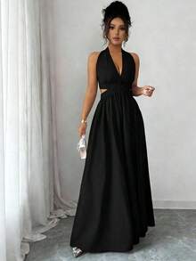 Elegante vestido sin mangas con cuello en V, diseño hueco en la cintura y pliegues, color morado, nueva llegada de primavera/verano - Negro - Ver 6