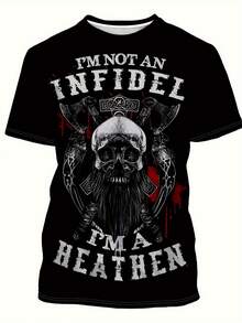 Camiseta Gráfica Vikinga para Hombre, Diseño Nórdico Pagan Audaz con el Lema "No soy pagano, soy pagano", Estilo Heavy Metal, Cuello Redondo Negro para Gimnasio, Conciertos y Ropa Urbana, Lavable a Máquina, Camiseta de Boutique de Moda de Verano, Ropa Casual, Estampado con Patrones, TALLAS GRANDES - Negro - Ver 6
