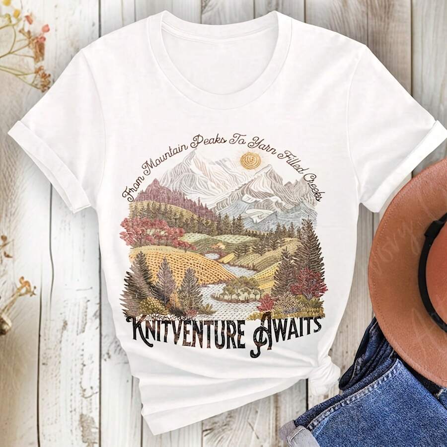 Knitventure Awai T-Shirt, Vintage Knitting Nature Tee220g heavyweight 100% cotton T-shirt. Butterfly print. Unisex sizing. Round neck inspirational T-shirt. Cute and beautiful Y2K-inspired summer top, perfect for the outdoors, home, work, or street wear. Casual, loose-fitting everyday T-shirt. - Blanco - Ver 1