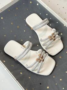 Kids' Rhinestone Multi-Strap Square Toe Flat Slide Sandals, Open Toe Slip-On Summer Casual Fashion Slides For Girls - White - View 2