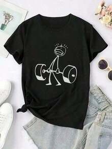 CHICLY19 Camiseta Gráfica Divertida de Talla Grande para Mujer - Camiseta Negra de Manga Corta con Estampado Humorístico de Figura de Palillos Levantando Pesas. Camiseta de algodón suave de corte holgado, ropa casual de calle para todas las estaciones, ideal para sesiones de gimnasio, uso diario, reuniones y estilos relajados. Camiseta popular con temática de humor, corte cómodo y relajado, perfecta para adolescentes, jóvenes adultos y entusiastas del fitness.,Estampado Verano Corte Holgado Casual - Negro - Ver 3
