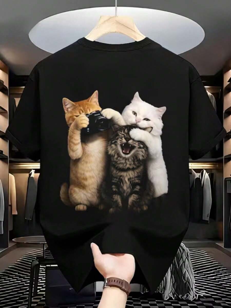 Prenda de moda Top Picklocalstreet para salidas: Camiseta vintage estampada C2026, talla grande, ligera, de verano, corte regular, casual, transpirable, esencial para el uso diario, ropa versátil, look moderno, material cómodo, mangas cortas para jóvenes adultos - Negro - Ver 1