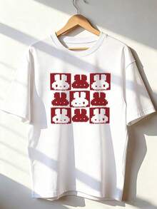 Camiseta de Manga Corta con Conejos Tiernos en Estilo Retro,Camiseta de manga corta de moda para primavera y verano de 2026, hecha en México, 180 gramos. Estampado de dibujos animados, modelo de pareja, apta para uso interior o exterior. Cuello redondo, unisex, ideal para oficina y ocio. Paquete de una pieza. - WH-P631577SLNDXZGY408 - Ver 2