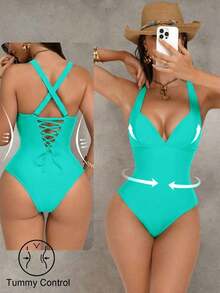 Traje de baño de una pieza con control de abdomen y push-up, con parches de color marrón, cordón de ajuste elegante y sexy, para fiestas y piscina - Verde - Ver 9