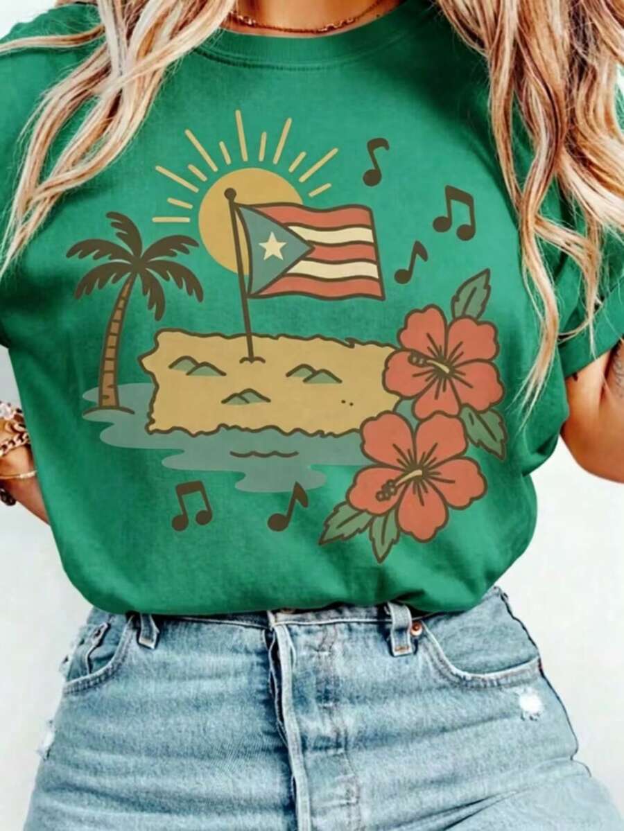 Women's Cute Casual Cotton T-Shirt, Short Sleeve Round Neck, Summer Vacation Graphic Print Top For Everyday Style - 綠色 - 查看 1