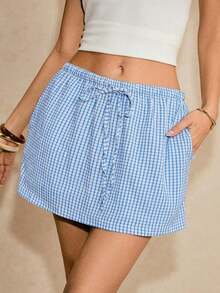 Pantalones Culotte Casuales Holgados para Mujer con Cordón Ajustable en la Cintura y Bolsillos a Rayas - Beis - Ver 2