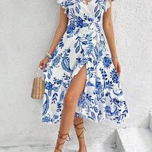 Women's Floral Printed Wrap Style Midi Dress Maxi Women Outfit - Caqui - Ver 5