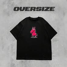 Camiseta de manga corta 100% algodón puro, con diseño de dibujos animados, linda, elegante, versátil, cómoda, holgada, moderna, de talla grande, única. - Negro - Ver 4