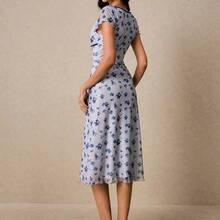 Women's Contrast Trim Cap Sleeve Fitted Midi Dress, Elegant Summer - Azul - Ver 8