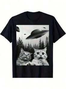 Funny Cat Duo Selfie With UFO Shirt - Gift For Cat Lovers, Best Buy, New Arrival Casual Sports T-Shirt Lightweight And Comfortable Shirt For Daily Summer Wear Outdoor Running Gym Training And Travel Activities BNEA VNNS - 黑色 - 查看 7