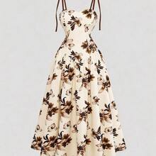 Women's Apricot Base Brown Floral Pattern Spaghetti Strap Waist A-Line Dress, Elegant And Charming For Vacation, Commute, Music Festival, Date, French Bohemian, Beach, Street, Versatile, Spring/Summer, Apricot Brown New Sleeveless Dress - Multicolor - Ver 5