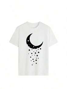 Camiseta de mujer de manga corta, cuello redondo, 100% algodón, holgada, de estilo casual y versátil con estampado moderno. - Blanco - Ver 3