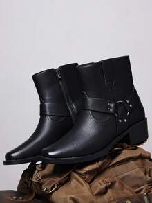 Men's Western Faux Leather Ankle Boots, Square Toe Metal Studded Harness Booties With Side Zipper Block Heel, Non-Slip Comfort Casual Cowboy Footwear - màu đen - Xem 3