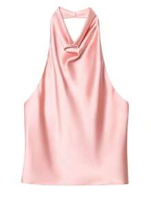Camiseta sin mangas de satén de unicolor con cuello alto tipo halter Y2K para mujer, ropa de calle linda para el verano en color negro casual - Rosa - Ver 7