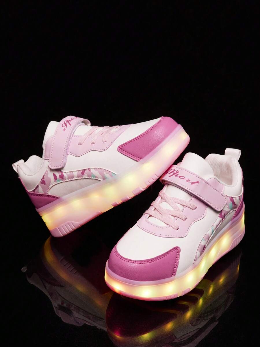 1 Pair Women's 4-Wheel Flashing Roller Skate Shoes, Pink & Black Retractable , Rechargeable LED Light Up Sneakers For Women, Suitable For Skating & - White Powder - View 1
