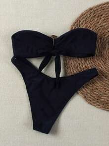 Nuevo conjunto de bikini negro sólido, sexy, elegante, casual, para playa, vacaciones y citas, sin tirantes, para primavera/verano - Negro - Ver 2